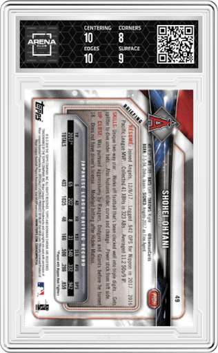 Shohei Ohtani from the 2018 Bowman set graded by Arena Club and given an overall grade of 8.5.