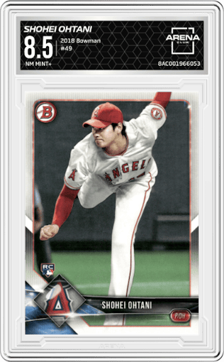 Shohei Ohtani from the 2018 Bowman set graded by Arena Club and given an overall grade of 8.5.