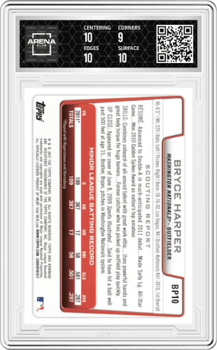 Bryce Harper from the 2012 Bowman set graded by Arena Club and given an overall grade of 9.5.