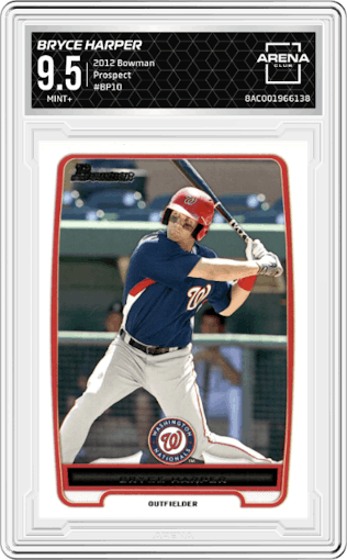 Bryce Harper from the 2012 Bowman set graded by Arena Club and given an overall grade of 9.5.