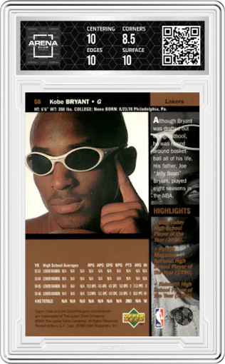 Kobe Bryant from the 1996-97 Upper Deck set graded by Arena Club and given an overall grade of 9.
