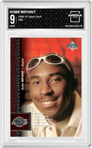 Kobe Bryant from the 1996-97 Upper Deck set graded by Arena Club and given an overall grade of 9.