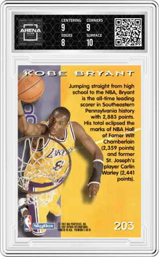 Kobe Bryant from the 1996-97 Skybox Premium set graded by Arena Club and given an overall grade of 8.5.