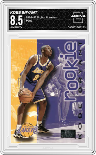 Kobe Bryant from the 1996-97 Skybox Premium set graded by Arena Club and given an overall grade of 8.5.