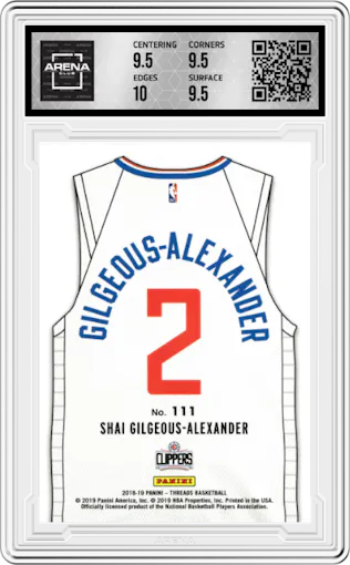 Shai Gilgeous-Alexander from the 2018-19 Panini Threads  set featuring a Dazzle parallel graded by Arena Club and given an overall grade of 10.