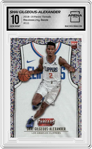 Shai Gilgeous-Alexander from the 2018-19 Panini Threads  set featuring a Dazzle parallel graded by Arena Club and given an overall grade of 10.