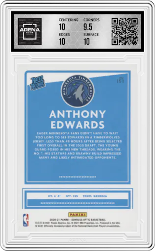 Anthony Edwards from the 2020-21 Panini Donruss Optic set graded by Arena Club and given an overall grade of 10.