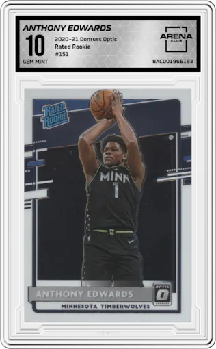 Anthony Edwards from the 2020-21 Panini Donruss Optic set graded by Arena Club and given an overall grade of 10.