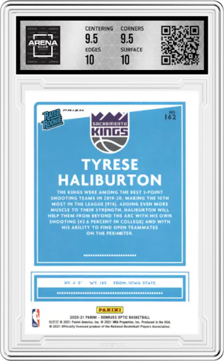 Tyrese Haliburton from the 2020-21 Panini Donruss Optic set featuring a Holo parallel graded by Arena Club and given an overall grade of 10.