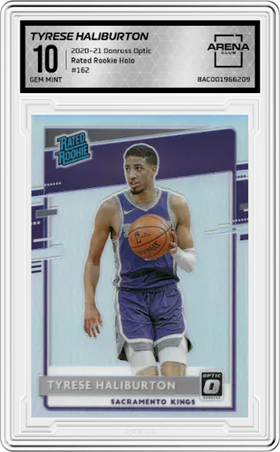 Tyrese Haliburton from the 2020-21 Panini Donruss Optic set featuring a Holo parallel graded by Arena Club and given an overall grade of 10.