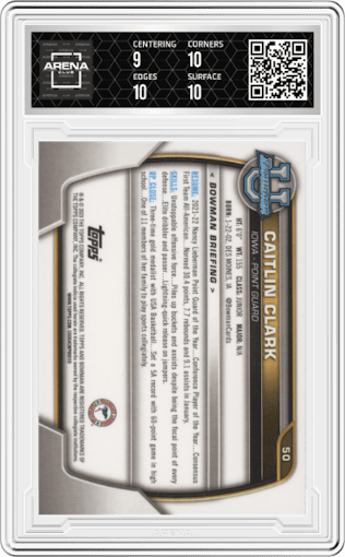Caitlin Clark from the 2022-23 Bowman University Chrome set graded by Arena Club and given an overall grade of 9.5.