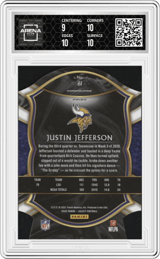 Justin Jefferson from the 2020 Panini Select set featuring a Die-Cut Blue  parallel graded by Arena Club and given an overall grade of 9.5.