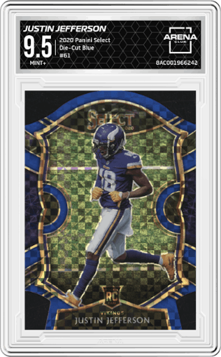 Justin Jefferson from the 2020 Panini Select set featuring a Die-Cut Blue  parallel graded by Arena Club and given an overall grade of 9.5.