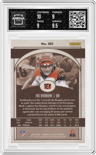 Joe Burrow from the 2020 Panini Chronicles set graded by Arena Club and given an overall grade of 9.5.
