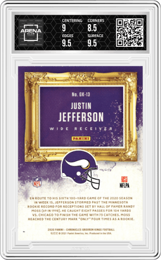 Justin Jefferson from the 2020 Panini Chronicles set graded by Arena Club and given an overall grade of 9.