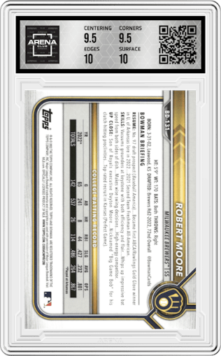 Robert Moore from the 2022 Bowman Draft set graded by Arena Club and given an overall grade of 10.