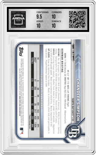 Chandler Simpson from the 2022 Bowman Draft set graded by Arena Club and given an overall grade of 10.