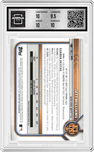 Jett Williams from the 2022 Bowman Draft set graded by Arena Club and given an overall grade of 10.