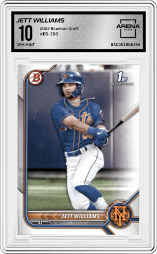Jett Williams from the 2022 Bowman Draft set graded by Arena Club and given an overall grade of 10.