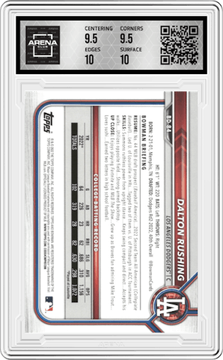  Dalton Rushing from the 2022 Bowman Draft set graded by Arena Club and given an overall grade of 10.