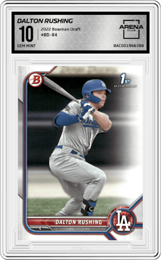  Dalton Rushing from the 2022 Bowman Draft set graded by Arena Club and given an overall grade of 10.