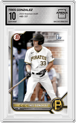 Tres Gonzalez from the 2022 Bowman Draft set graded by Arena Club and given an overall grade of 10.