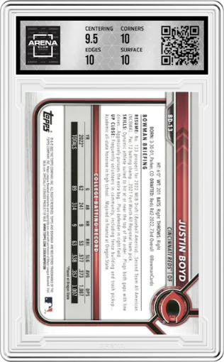 Justin Boyd from the 2022 Bowman Draft set graded by Arena Club and given an overall grade of 10.