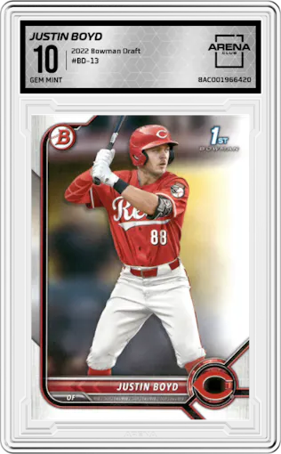 Justin Boyd from the 2022 Bowman Draft set graded by Arena Club and given an overall grade of 10.