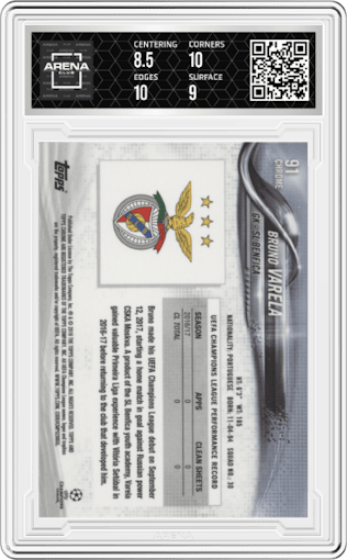 Bruno Varela from the 2017-18 Topps Chrome UEFA Champions League set graded by Arena Club and given an overall grade of 9.