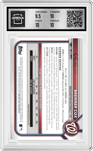 Brenner Cox from the 2022 Bowman Draft set graded by Arena Club and given an overall grade of 10.