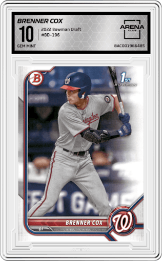 Brenner Cox from the 2022 Bowman Draft set graded by Arena Club and given an overall grade of 10.