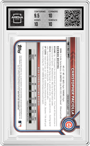Christopher Paciolla from the 2022 Bowman Draft set graded by Arena Club and given an overall grade of 10.