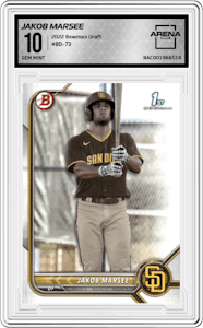 Jakob Marsee from the 2022 Bowman Draft set graded by Arena Club and given an overall grade of 10.