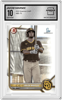 Jakob Marsee from the 2022 Bowman Draft set graded by Arena Club and given an overall grade of 10.