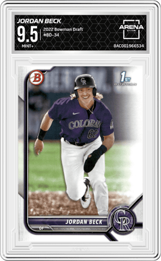 Jordan Beck from the 2022 Bowman Draft set graded by Arena Club and given an overall grade of 9.5.
