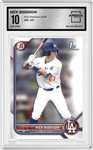 Nick Biddison from the 2022 Bowman Draft set graded by Arena Club and given an overall grade of 10.