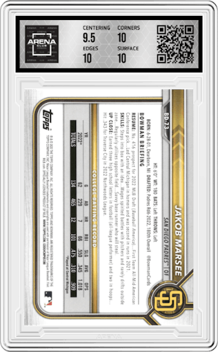 Jakob Marsee from the 2022 Bowman Draft set graded by Arena Club and given an overall grade of 10.