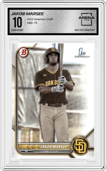 Jakob Marsee from the 2022 Bowman Draft set graded by Arena Club and given an overall grade of 10.