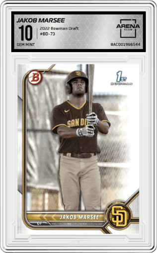 Jakob Marsee from the 2022 Bowman Draft set graded by Arena Club and given an overall grade of 10.