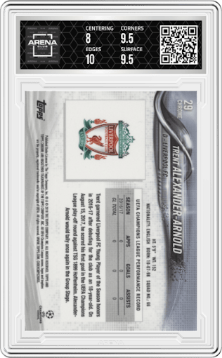 Trent Alexander-Arnold from the 2017-18 Topps Chrome UEFA Champions League set graded by Arena Club and given an overall grade of 8.5.