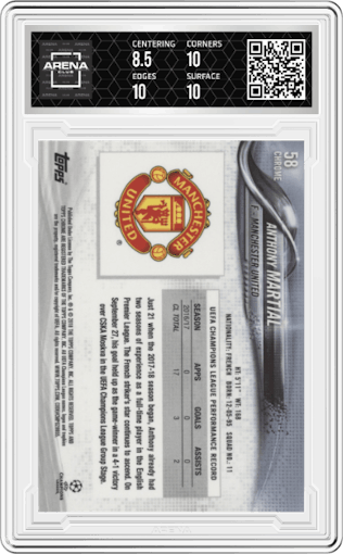 Anthony Martial from the 2017-18 Topps Chrome UEFA Champions League set graded by Arena Club and given an overall grade of 9.