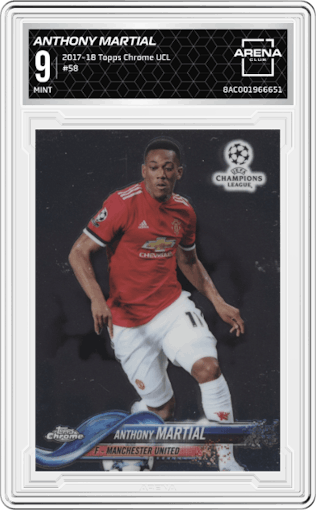 Anthony Martial from the 2017-18 Topps Chrome UEFA Champions League set graded by Arena Club and given an overall grade of 9.