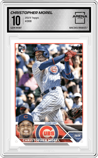 Christopher Morel from the 2023 Topps Series 1 set graded by Arena Club and given an overall grade of 10.