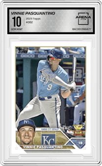 Vinnie Pasquantino from the 2023 Topps Series 1 set graded by Arena Club and given an overall grade of 10.