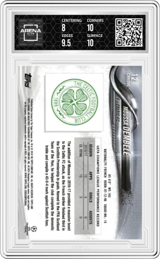 Moussa Dembele from the 2017-18 Topps Chrome UEFA Champions League set graded by Arena Club and given an overall grade of 8.5.
