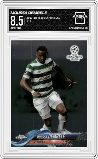 Moussa Dembele from the 2017-18 Topps Chrome UEFA Champions League set graded by Arena Club and given an overall grade of 8.5.