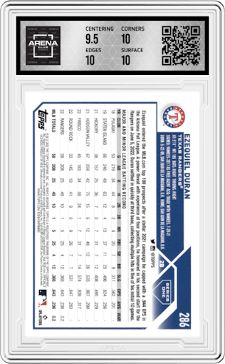 Ezequiel Duran from the 2023 Topps Series 1 set graded by Arena Club and given an overall grade of 10.