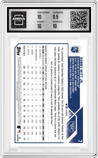 Bobby Witt Jr. from the 2023 Topps Series 1 set graded by Arena Club and given an overall grade of 10.