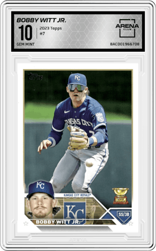 Bobby Witt Jr. from the 2023 Topps Series 1 set graded by Arena Club and given an overall grade of 10.
