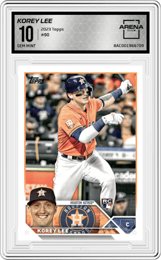 Korey Lee from the 2023 Topps Series 1 set graded by Arena Club and given an overall grade of 10.